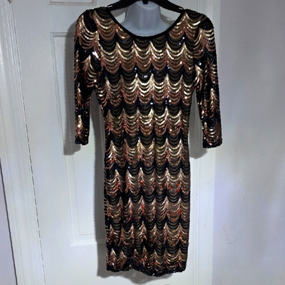 Akira Mini Sequin Dress in Black and Gold
